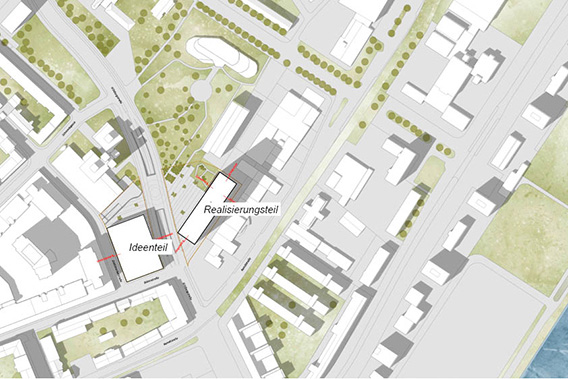 Lageplan mit Bezug des Projekts zur gründerzeitlichen Stadt (links oben) und Donau (rechts unten). © YEWO, SWA